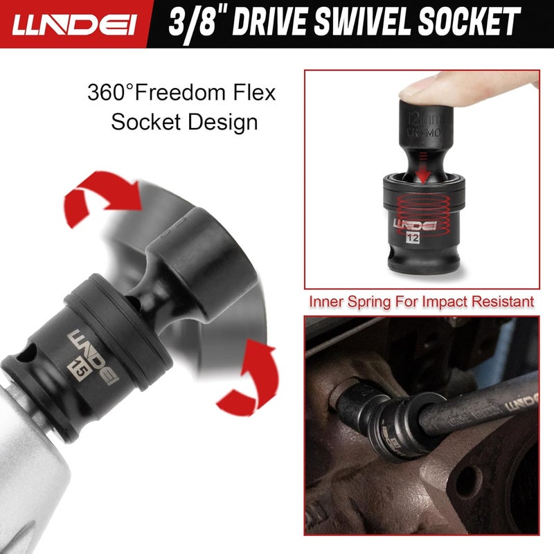 LLNDEI 3/8" Drive Universal Impact Socket Set, 19 Pieces CR-MO Swivel Socket Set, Metric(8-22mm) Wobble Sockets 6 Point with Extension Bars, Adapter and Black Organizer - Image 3
